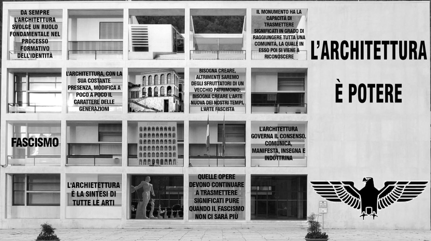 Elaborazione grafica sul tema architettura e potere, sulla facciata della Casa del Fascio di Como