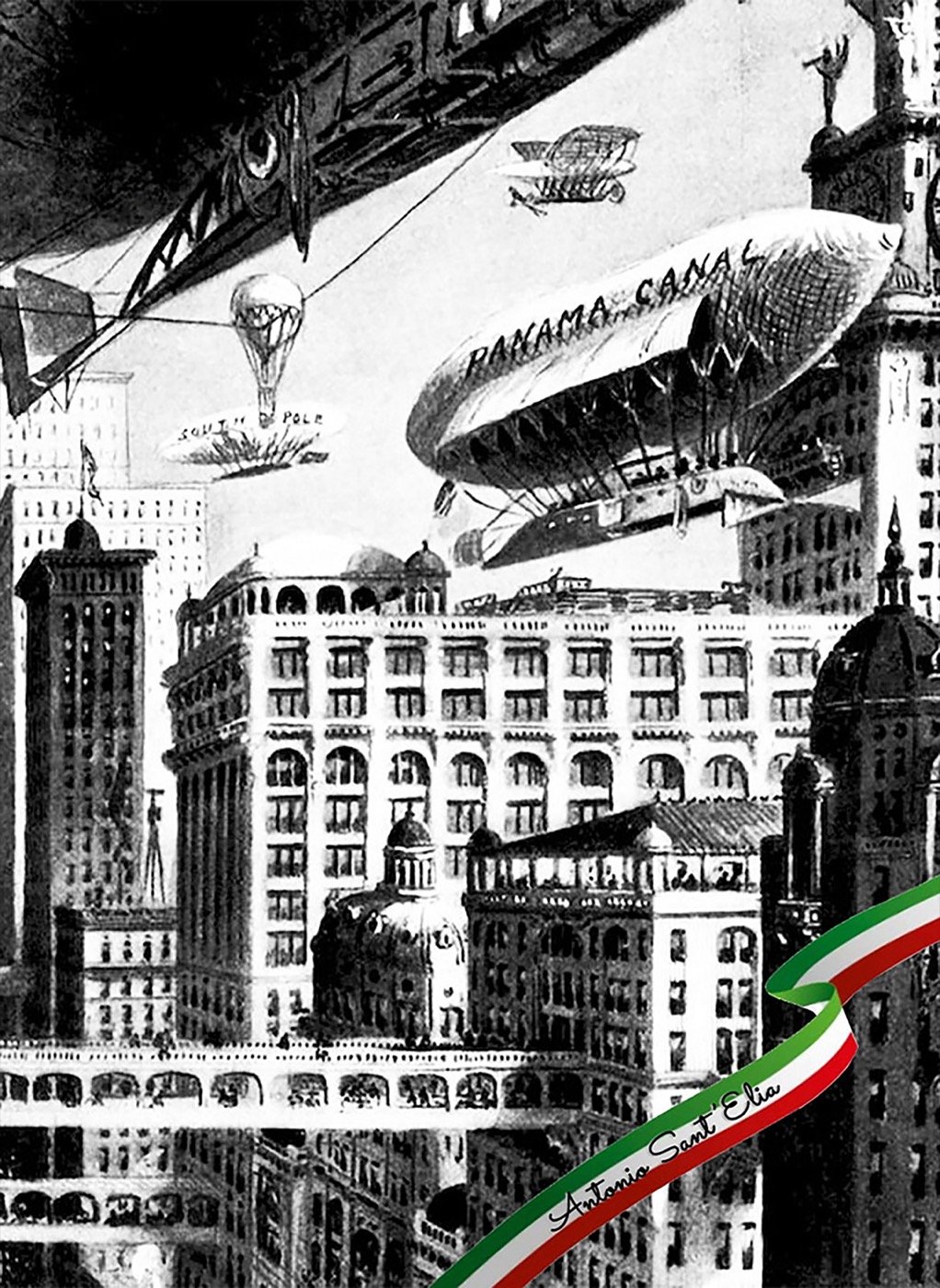 Elaborazione grafica di una città futurista con grattacieli, dirigibili e velivoli, ispirata alle visioni urbane di Antonio Sant'Elia