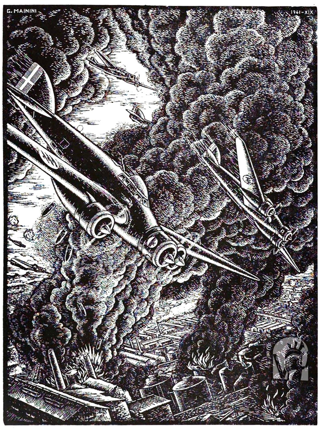 Xilografia in bianco e nero del 1941 con una formazione di velivoli in volo su un paesaggio in fiamme, firmata G. Mainini