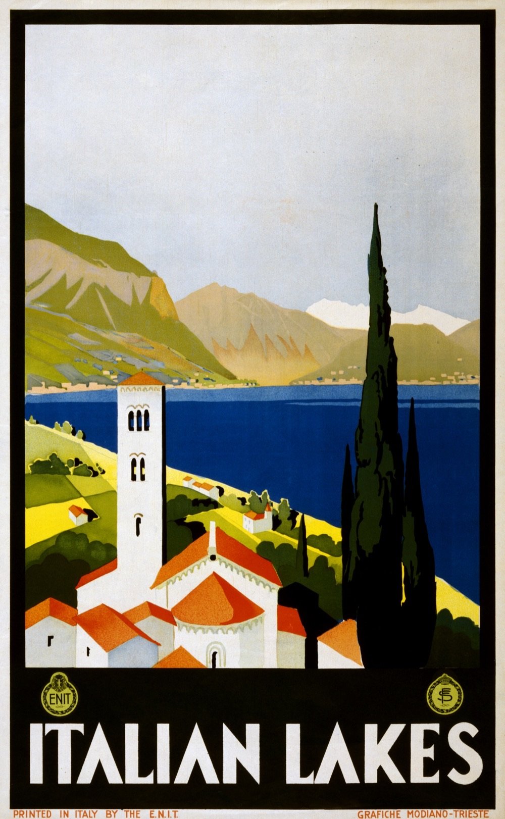 Manifesto turistico dell'ENIT per i laghi italiani, circa 1930, con un paesaggio lacustre stilizzato